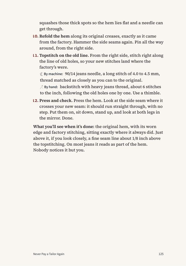 Book page 125: numbered text steps for the hidden tuck method of shortening jeans while keeping the original hem