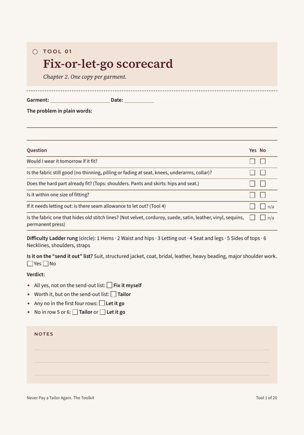 Toolkit page: the Fix-or-Let-Go Scorecard, a yes or no checklist that ends in a verdict