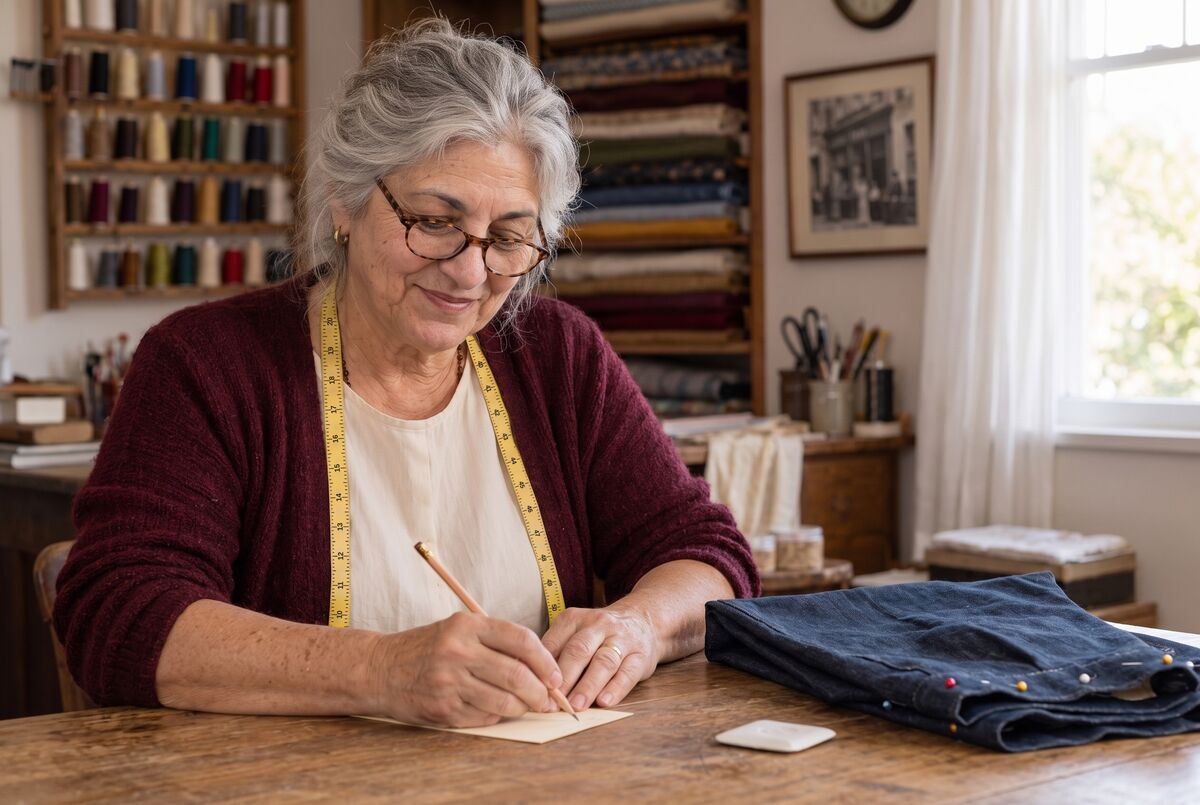 Rosa Ferrandi writing at her worktable, a folded pair of jeans beside her